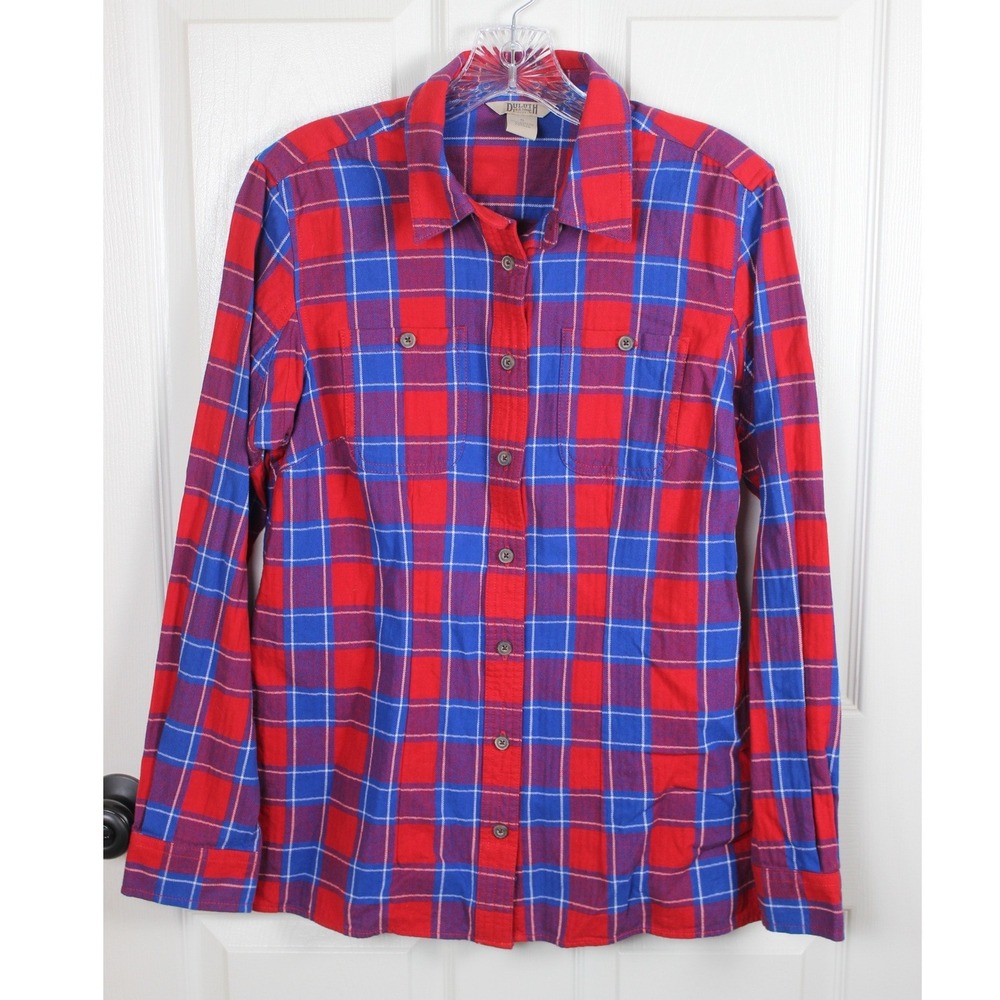 Duluth Trading Co Womens Small Red Blue Plaid Cotton Flannel Button Down Shirt